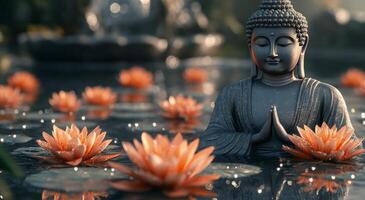 Buddha statue surrounded by glowing lotus flowers in tranquil water setting at dawn photo