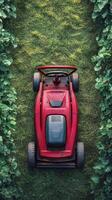 Red lawn mower parked on lush green grass in bright daylight photo