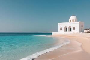 Serene view of white building by the turquoise sea under a clear sky on a sunny day photo