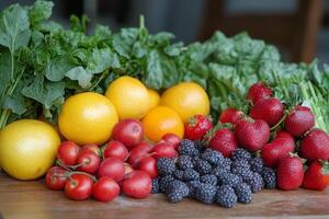 Vibrant display of seasonal fruits and vegetables arranged artfully on a wooden surface photo