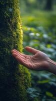 Hand touching moss on a tree trunk in a lush forest during daytime exploration photo