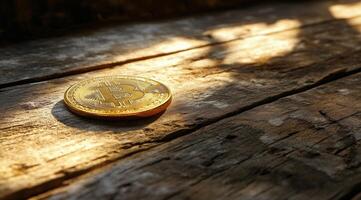 Golden bitcoin resting on a wooden surface illuminated by warm sunlight photo
