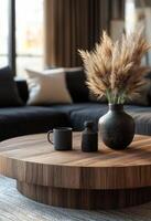 Cozy living room with modern decor, plants, and comfortable seating for relaxation photo