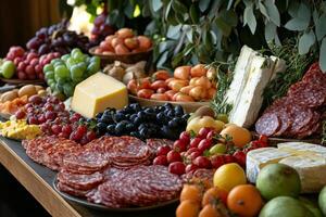 Colorful display of fresh fruits, vegetables, and charcuterie at a rustic market setting in autumn photo