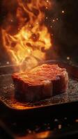 Grilling tender beef steaks to perfection in a kitchen on a smoky evening photo