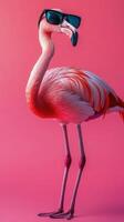 Flamingo wearing sunglasses poses confidently against a vibrant backdrop in playful scene photo