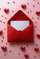 Romantic red envelope with love letter surrounded by heart shapes on a pink background photo