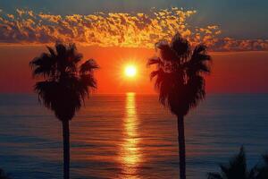 Beautiful sunset over ocean with palm trees lining the shore in a serene coastal location photo