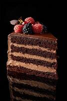 Chocolate cake slice with berries and mint against dark background photo