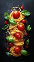 Colorful spaghetti and tomatoes with fresh basil placed stylishly on a black background photo
