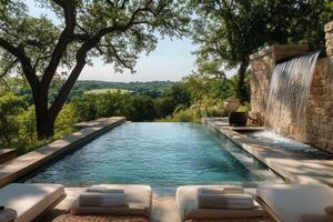 Relaxing afternoon by the tranquil infinity pool in a scenic outdoor setting photo