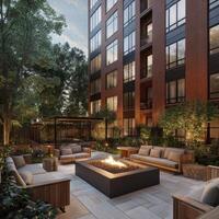Cozy outdoor space with fire pit and modern seating in urban setting during evening photo