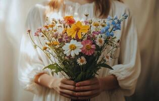 Colorful bouquet of wildflowers held by a person in a garden setting with soft natural light photo