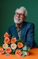 Senior man poses happily with roses against a green background in a cheerful setting photo