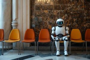 Robot seated in an empty auditorium during a technology conference photo