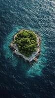 Lush green island surrounded by clear blue ocean waters in daylight photo