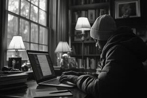 Cozy indoor workspace during winter with a person working on a laptop photo
