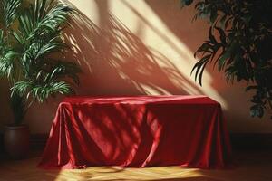 Brightly lit table draped in red cloth surrounded by green plants in a modern interior space photo