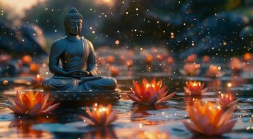 Buddha statue surrounded by glowing lotus flowers in tranquil water setting at dawn photo