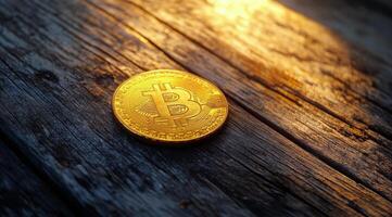 Golden bitcoin resting on a wooden surface illuminated by warm sunlight photo