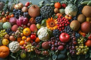 Vibrant display of seasonal fruits and vegetables arranged artfully on a wooden surface photo