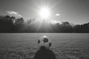 Soccer ball resting on vibrant green turf during golden hour light photo
