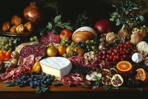 Colorful display of fresh fruits, vegetables, and charcuterie at a rustic market setting in autumn photo