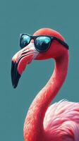 Flamingo wearing sunglasses poses confidently against a vibrant backdrop in playful scene photo