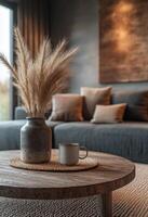 Cozy living room with modern decor, plants, and comfortable seating for relaxation photo