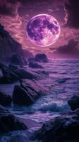 Majestic purple moon illuminating ocean waves and rocky coastline at dusk photo