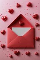 Romantic red envelope with love letter surrounded by heart shapes on a pink background photo