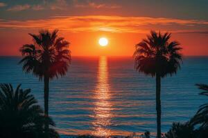 Beautiful sunset over ocean with palm trees lining the shore in a serene coastal location photo