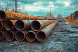 Rusty metal pipes lie on a dirt path surrounded by autumn foliage in a forested area photo