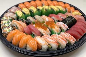 Colorful platter of assorted sushi rolls and sashimi for a special gathering photo