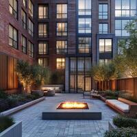 Cozy outdoor space with fire pit and modern seating in urban setting during evening photo