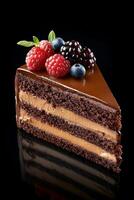 Chocolate cake slice with berries and mint against dark background photo
