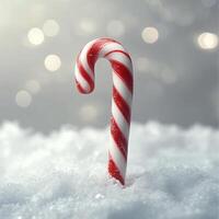 Colorful candy cane stood in white snow with sparkling background during winter season photo