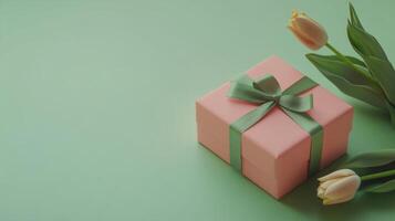 Gift box with green ribbon and yellow tulips on soft green background photo