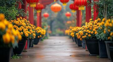 Charming pathway lined with yellow flowers and red lanterns in a serene garden during morning mist photo