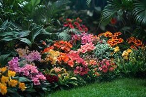 Colorful floral arrangement showcasing a variety of flowers in a lush garden setting photo