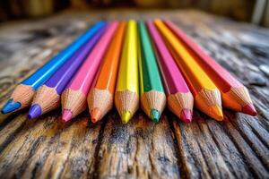Colorful pencils arranged in a straight line on a wooden surface for creative activities photo