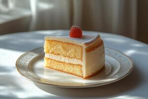 Delicious slice of cake with creamy frosting and a red topping on a plate in natural light photo