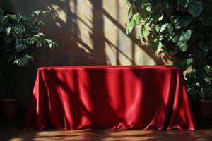 Brightly lit table draped in red cloth surrounded by green plants in a modern interior space photo