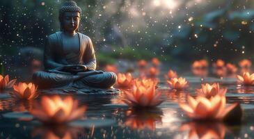 Buddha statue surrounded by glowing lotus flowers in tranquil water setting at dawn photo