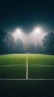 Nighttime view of a well-lit soccer field with bright stadium lights and clear sky photo