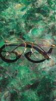 Stylish gold rimmed glasses resting on a green surface illuminated by soft light photo