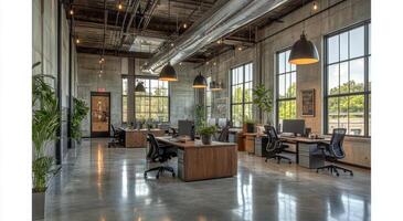 Modern open office space with vibrant decor and natural lighting during the day photo