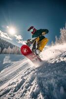 Snowboarder performing a trick above a festive dining setup in a snowy landscape photo