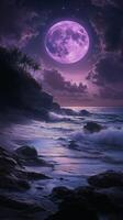 Majestic purple moon illuminating ocean waves and rocky coastline at dusk photo