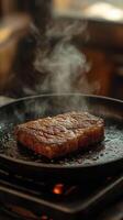 Grilling tender beef steaks to perfection in a kitchen on a smoky evening photo